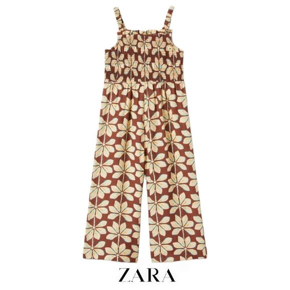 ZARA Kids | Brown | SMOCKED PRINTED JUMPSUIT - Picture 1 of 4